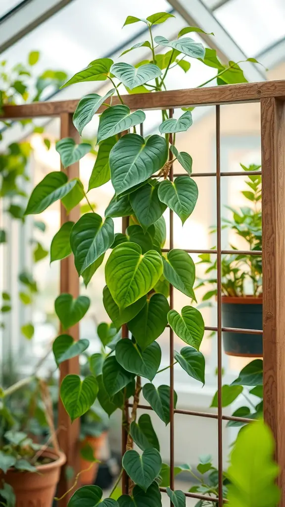 37+ Best Indoor Plants for Low Light Living Spaces 13 Philodendron plant with heart-shaped leaves climbing a wooden trellis in a bright indoor setting.
