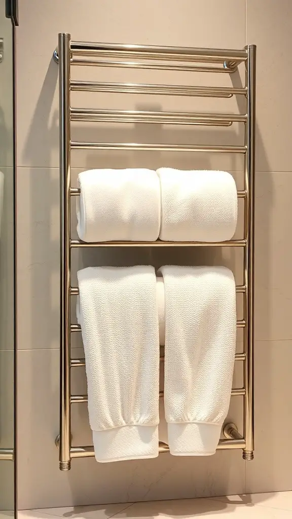 25+ Spa Bathroom Ideas for a Relaxing Retreat at Home 10 A sleek warm towel rack with neatly rolled white towels in a modern bathroom setting.