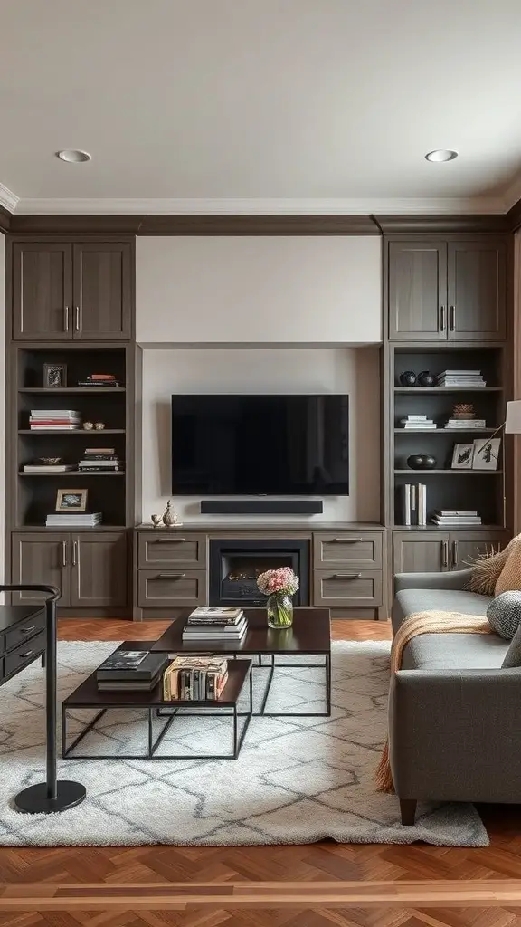 25+ Stunning TV Wall Ideas for Your Living Room 5 A modern living room featuring built-in cabinets around a TV, with a cozy sofa and a coffee table.