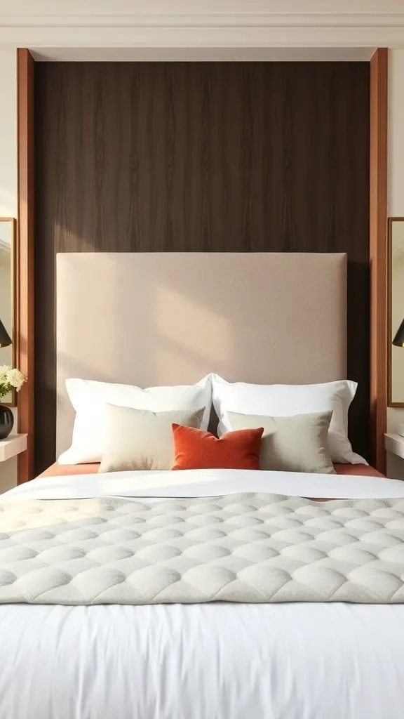 A modern bedroom featuring a soft headboard and wooden paneling, with decorative pillows.