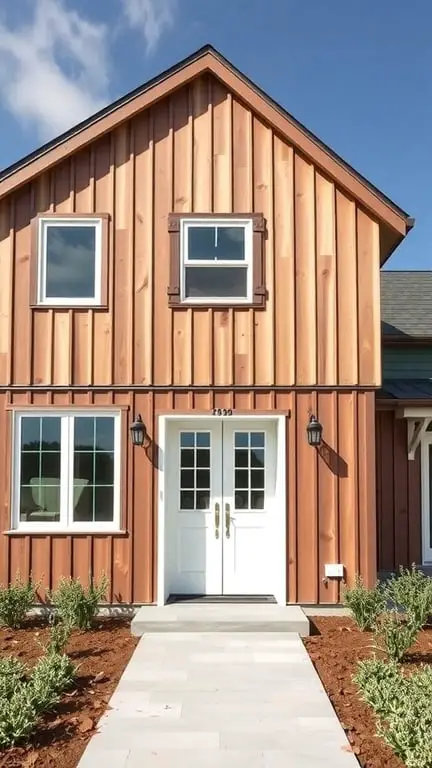 29+ Inspiring Modern Farmhouse Exterior Ideas 14 Modern farmhouse exterior with vertical wood siding, double doors, and landscaped pathway.