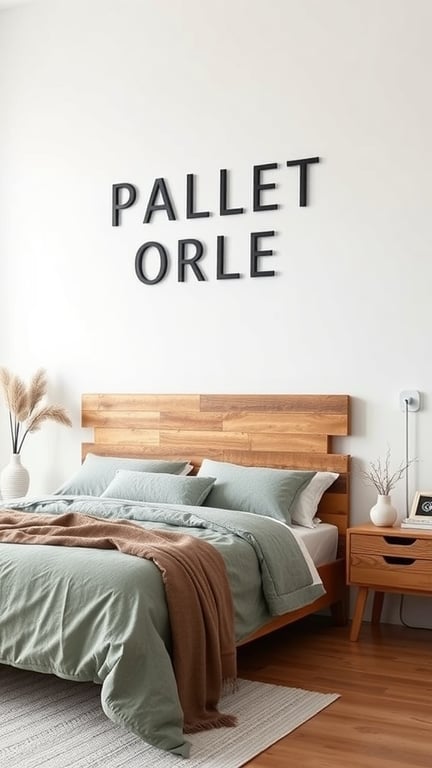 21+ Easy and Affordable DIY Headboard Ideas to Transform Your Bedroom 6 A cozy bedroom featuring a pallet wood headboard, soft bedding, and a warm color palette.