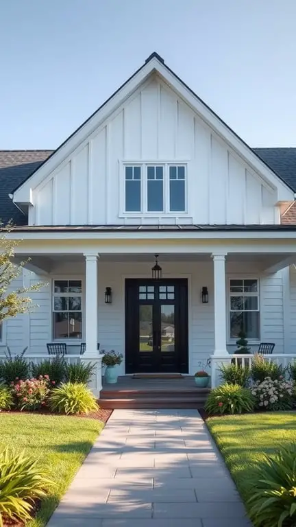 29+ Inspiring Modern Farmhouse Exterior Ideas 7 Modern farmhouse with white board and batten siding, featuring a gabled roof and lush landscaping.