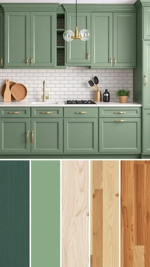 27+ Stunning Sage Green and Wood Kitchen Ideas You’ll Love 15 A modern kitchen featuring sage green cabinets and wood accents, with a color palette below.