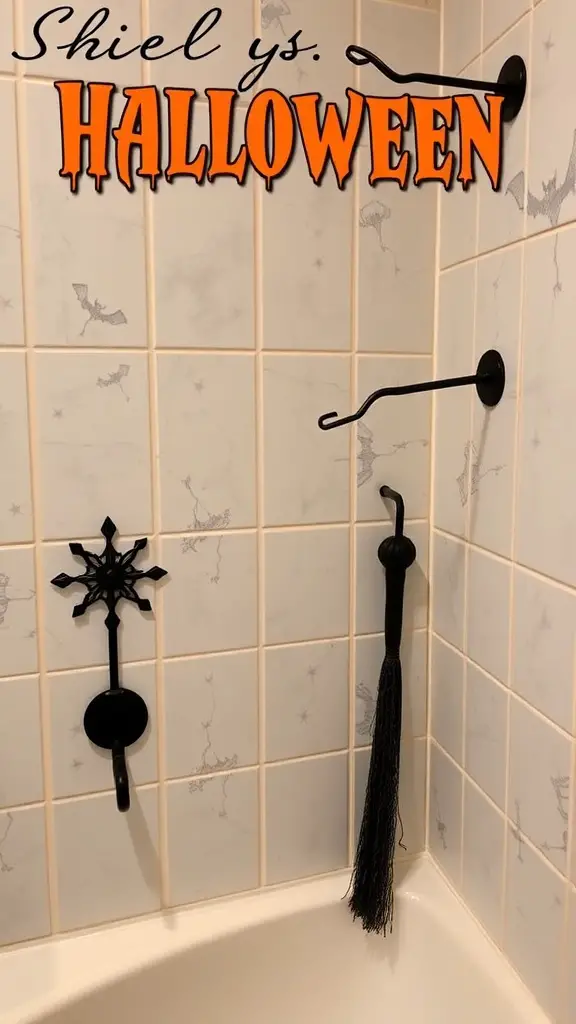 27+ Spooktacular Halloween Bathroom Decor Ideas 14 Halloween bathroom decor with black hooks and broomstick accessory