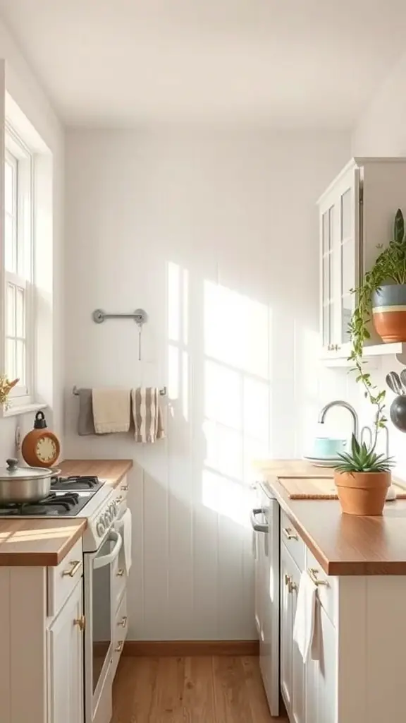 A small cottage kitchen with white walls, wooden countertops, and plants, showcasing a light and airy color palette.