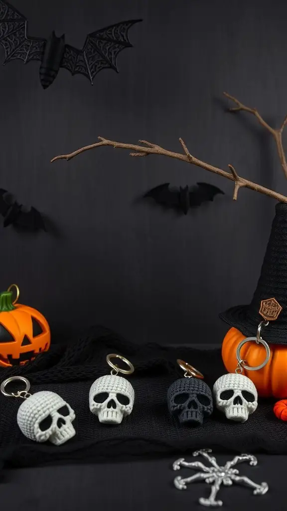23+ Spooktacular Halloween Crochet Ideas You Need to Try 7 Crochet skull keychains displayed with Halloween decorations