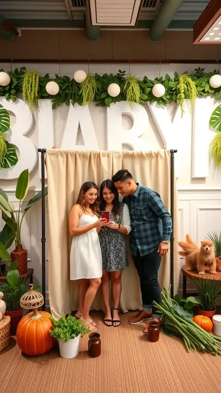 29+ Homegrown Baby Shower Theme Ideas with 15 Must-Have Items 16 A themed photo booth with natural elements for a baby shower, featuring a backdrop with 'BABY' sign, greenery, and decorative props.