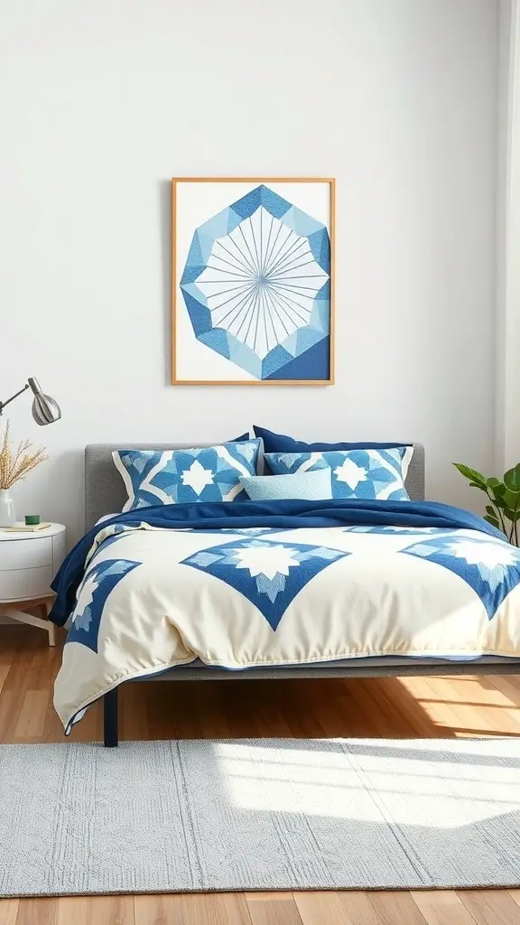 A contemporary blue and white bedroom featuring geometric designs in bedding and artwork.