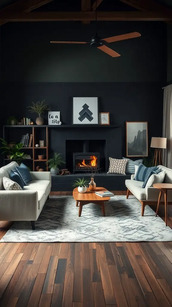 A dark boho living room featuring modern and rustic elements, with light sofas, wooden floor, and a cozy fireplace.