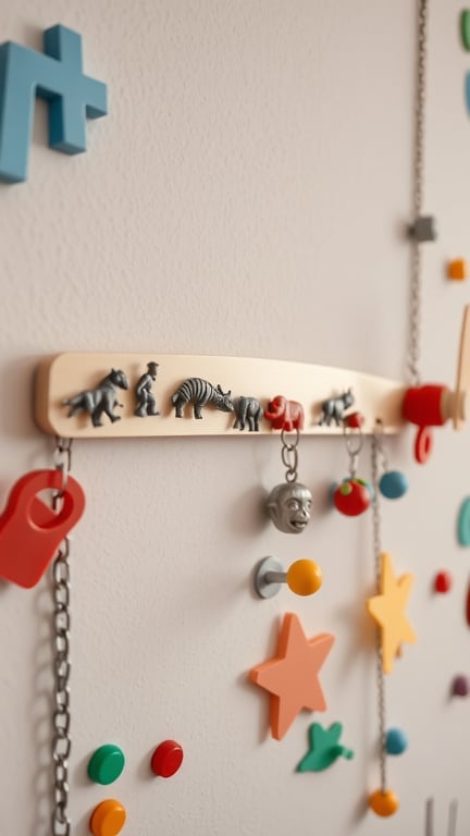23+ Creative Toy Storage Ideas for a Clutter-Free Home 16 A wall-mounted magnetic strip displaying small toys like animals and colorful shapes.