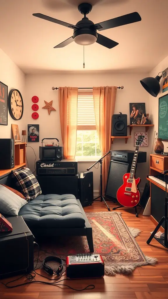 25+ Creative Bloxburg Teen Room Ideas You’ll Love 12 A cozy music-themed room with a couch, guitar, speakers, and posters.