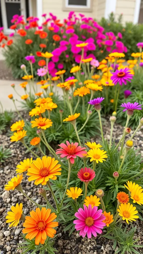 25+ Stunning Desert Landscaping Ideas for Your Front Yard 4 Colorful desert flowers in a front yard with vibrant yellow, pink, and orange blooms.