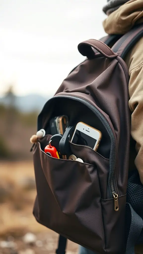A brown backpack with a front pocket filled with a phone, keys, and other small items.