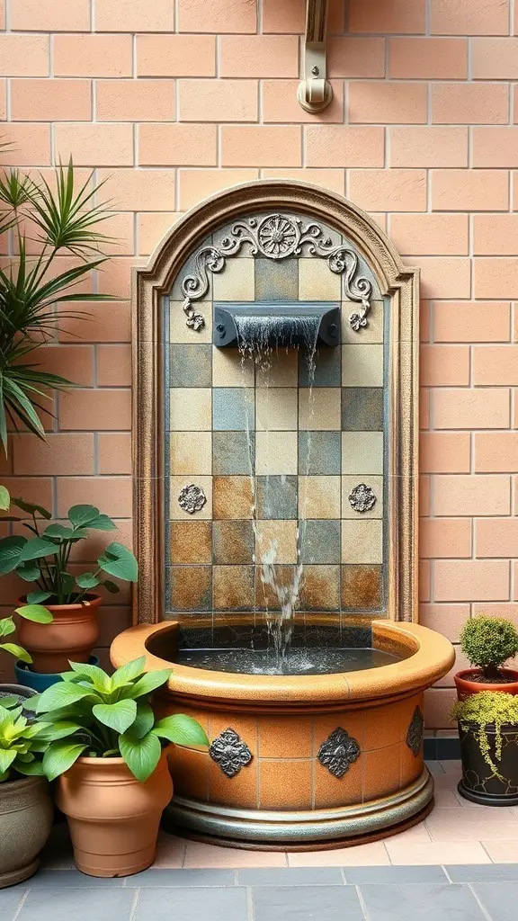 19+ Beautiful Small Garden Waterfalls to Transform Your Outdoor Space 15 A cascading wall fountain with a tiled backdrop and round basin, surrounded by potted plants.