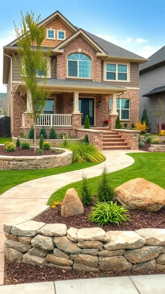 25+ Stunning Desert Landscaping Ideas for Your Front Yard 8 A beautifully landscaped front yard featuring a stone wall, winding pathway, and desert-friendly plants.