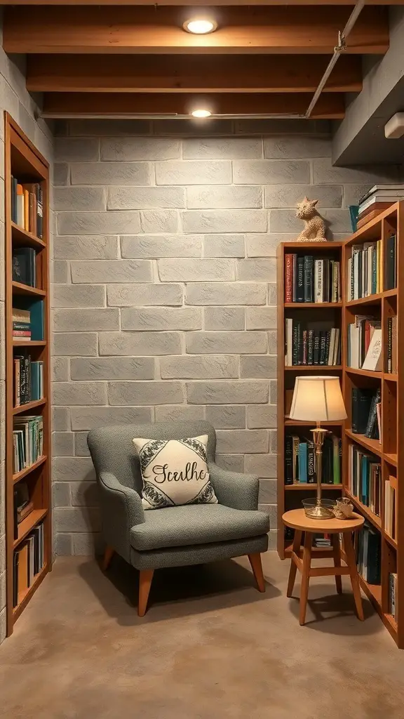 19+ Cozy Unfinished Basement Ideas to Transform Your Space 6 Cozy reading nook in an unfinished basement with a chair, side table, and bookshelves.
