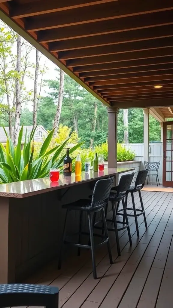 21+ Must-Have Features for Your Covered Deck Oasis 5 A covered deck featuring a built-in bar area with colorful drinks and high stools.