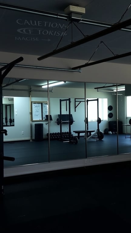 19 Home Gym Ideas for Small Garages: Maximize Your Space with These Creative Solutions 3 A small garage gym with a mirror wall reflecting gym equipment.