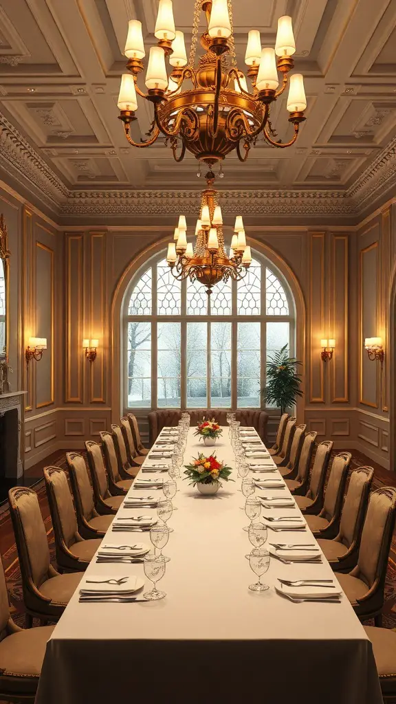 Elegant formal dining area with a long table, fine china, crystal glassware, and a chandelier.
