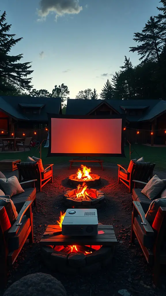 21+ Fun and Creative Bonfire Party Ideas for Unforgettable Nights 8 Outdoor movie night setup with a fire pit, projector, and comfortable seating.