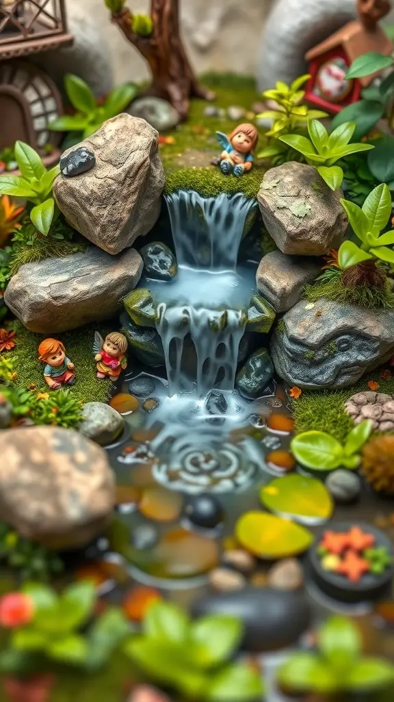 19+ Beautiful Small Garden Waterfalls to Transform Your Outdoor Space 20 A small fairy garden waterfall with rocks, plants, and miniature figures.