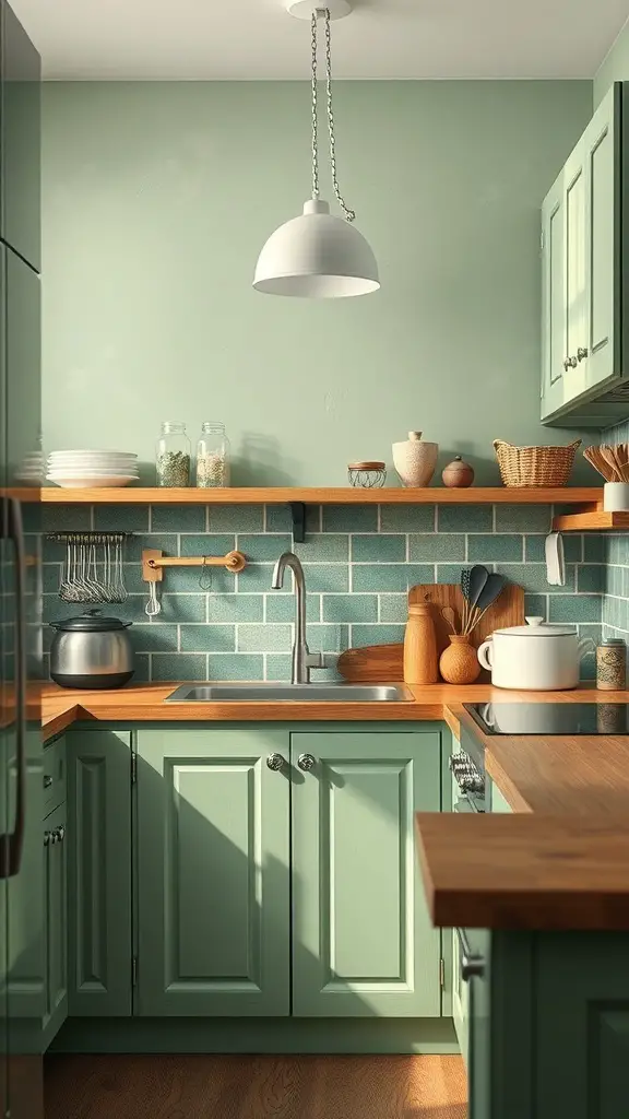 29+ Stunning Sage Green Kitchen Ideas to Transform Your Space 12 A cozy sage green kitchen featuring wooden countertops and a mix of textures.