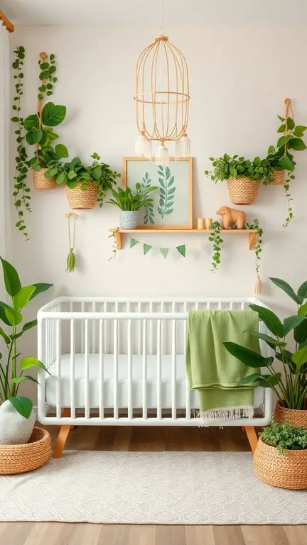 A beautifully decorated nursery with a white crib, green plants, and nature-inspired decor.