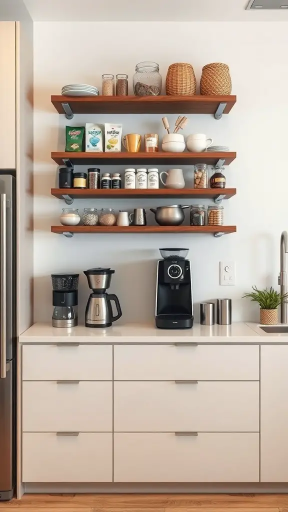 27+ Charming Small Coffee Bar Ideas to Transform Your Space 7 A modern wall-mounted coffee station with wooden shelves displaying coffee supplies and equipment.