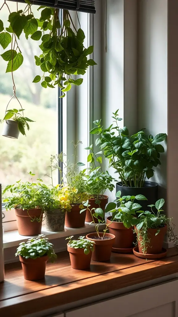15+ Stunning Green Kitchen Designs You’ll Love 12 A collection of potted herbs and plants on a kitchen windowsill, showcasing a vibrant kitchen garden.