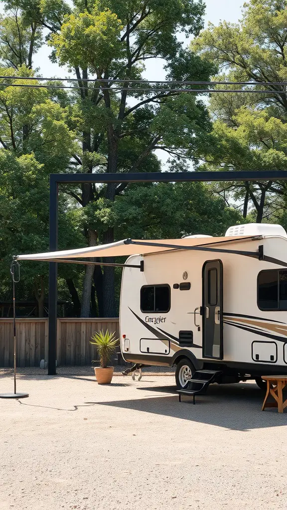 17+ Creative RV Shelter Ideas to Protect Your Home on Wheels 16 An RV with a shade sail installed, providing shade and comfort.