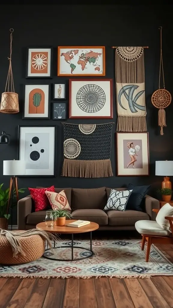 Eclectic wall art display in a dark boho living room featuring various framed artworks and macramé hangings.