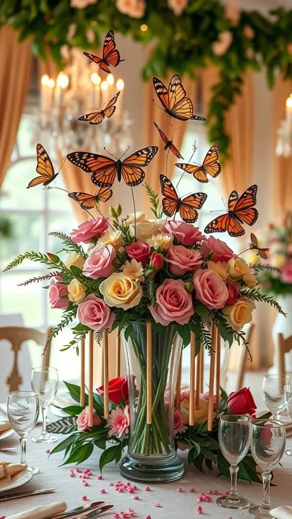 Floral centerpiece with roses and butterflies for a baby shower