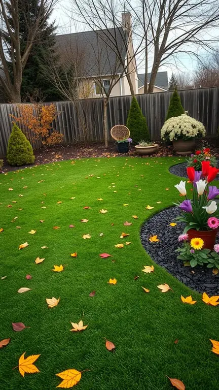 17+ Inspiring Turf Backyard Ideas for a Gorgeous Outdoor Space 11 A backyard with green turf, autumn leaves scattered, and colorful flowers in pots.