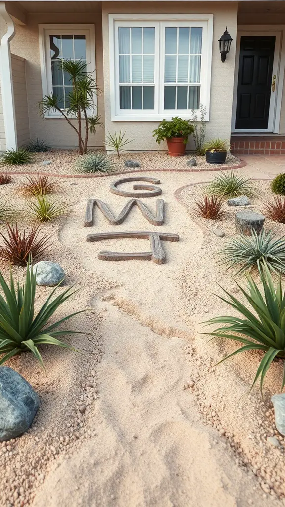 25+ Stunning Desert Landscaping Ideas for Your Front Yard 12 Desert landscaping front yard featuring a sandy path, decorative rocks, and drought-resistant plants.