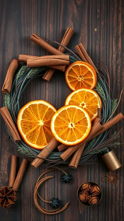 23+ Stunning Fall Wreath Ideas to Welcome the Season 17 A wreath made of cinnamon sticks and orange slices on a wooden background.