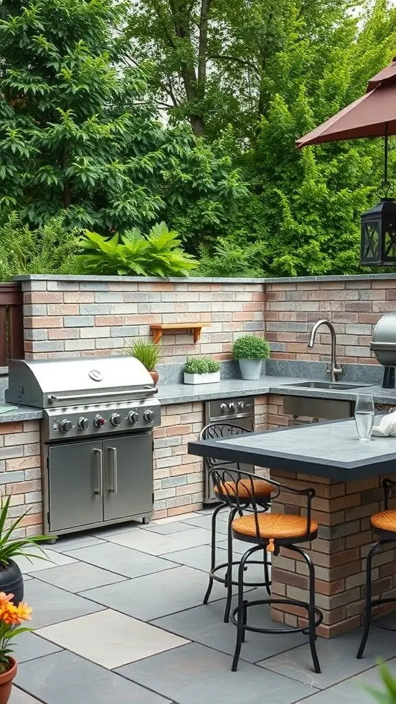 25+ Inspiring Hardscape Backyard Ideas for Your Outdoor Oasis 4 A modern outdoor kitchen with a grill, stone countertop, and bar seating surrounded by greenery.