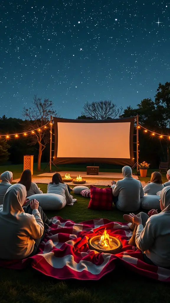 19+ Unique Fall Birthday Party Ideas for an Unforgettable Celebration 8 Outdoor movie night setup with a projector, blankets, and a fire pit under a starry sky.