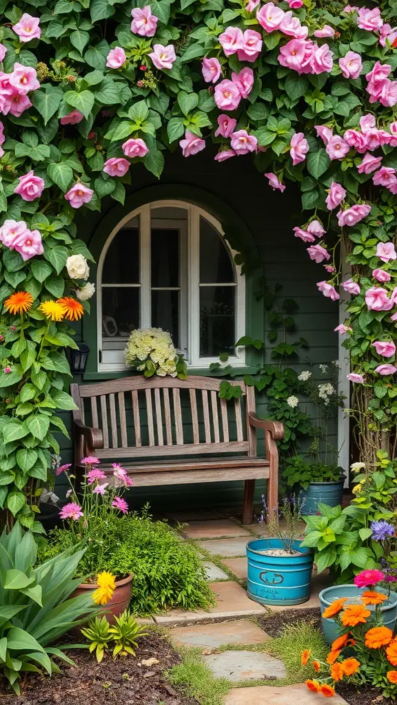 21+ Cottagecore Garden Essentials for a Whimsical Outdoor Retreat 6 A cozy garden nook with a wooden bench surrounded by colorful flowers and greenery.