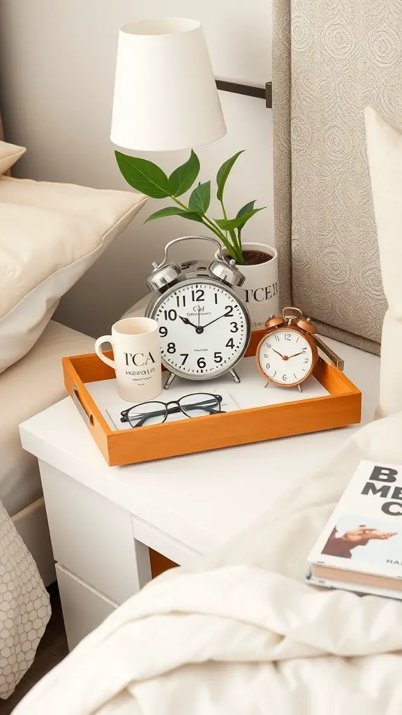 21 Essential Nightstand Organization Ideas for a Clutter-Free Bedroom 13 A well-organized nightstand with a lamp, plant, alarm clock, coffee mug, glasses, and a book.