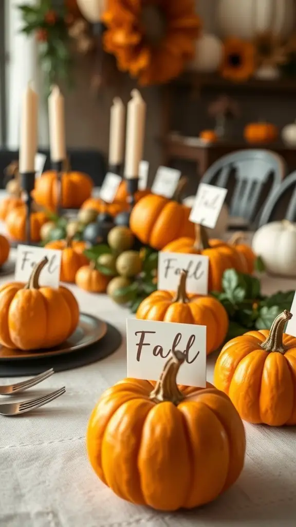25+ Unique Fall Pumpkin Crafts to Try This Season 12 A table decorated with mini pumpkins and place cards for a fall gathering.