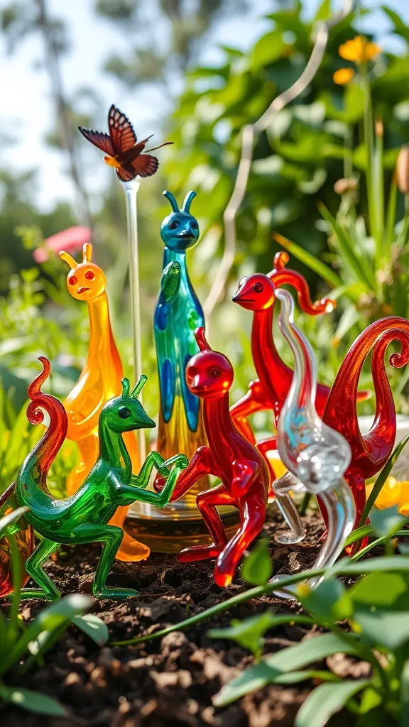 Colorful glass art creatures in a garden setting