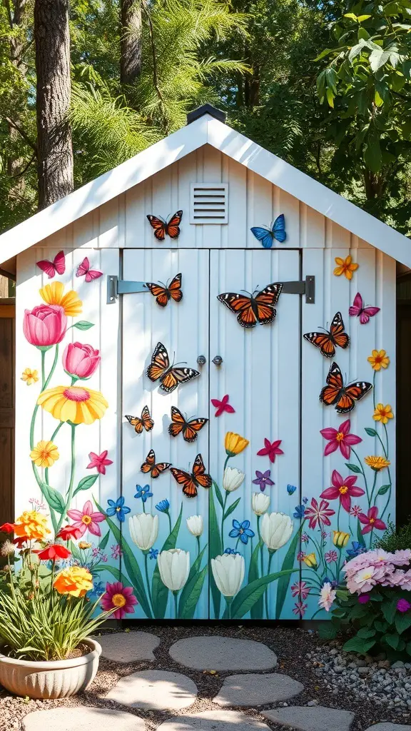 A colorful garden shed mural featuring flowers and butterflies.