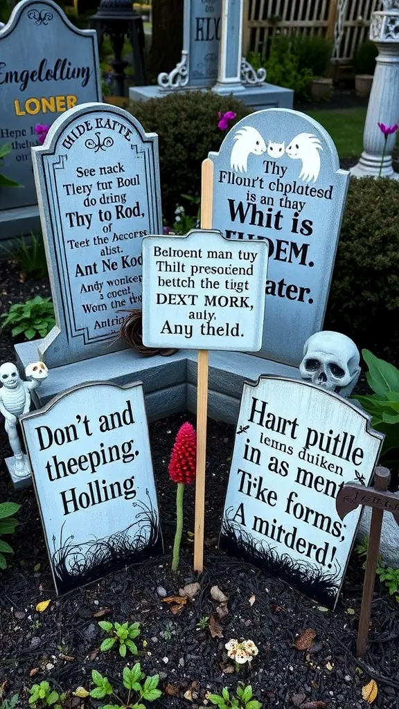 27+ Creative DIY Halloween Decorations You Can Make at Home 9 A collection of spooky tombstone yard signs with various names and dates, set in a Halloween-themed yard.