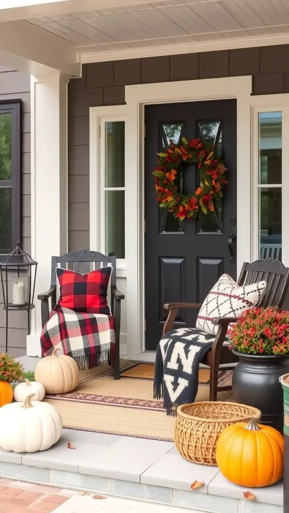 27+ Cozy Fall Porch Decorating Ideas to Try This Season 6 A cozy fall porch decorated with plaid blankets, pumpkins, and colorful foliage.
