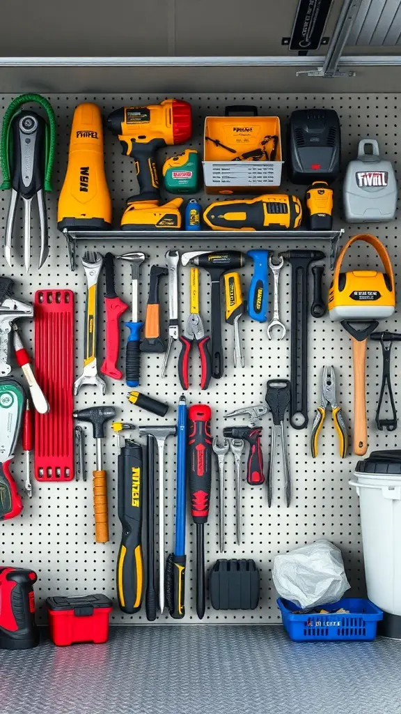 A well-organized tool wall storage system displaying various tools.