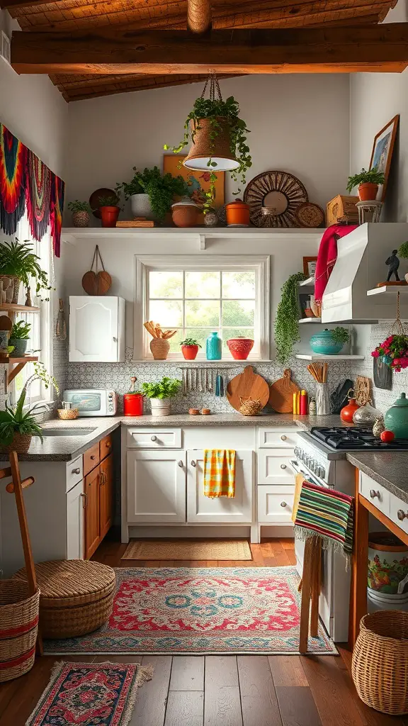 23+ Creative Bloxburg Kitchen Ideas to Transform Your Space 16 A colorful bohemian kitchen featuring vibrant decor, plants, and eclectic furnishings.
