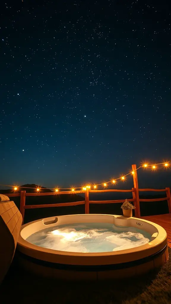A hot tub under a starry sky with string lights and a cozy atmosphere.