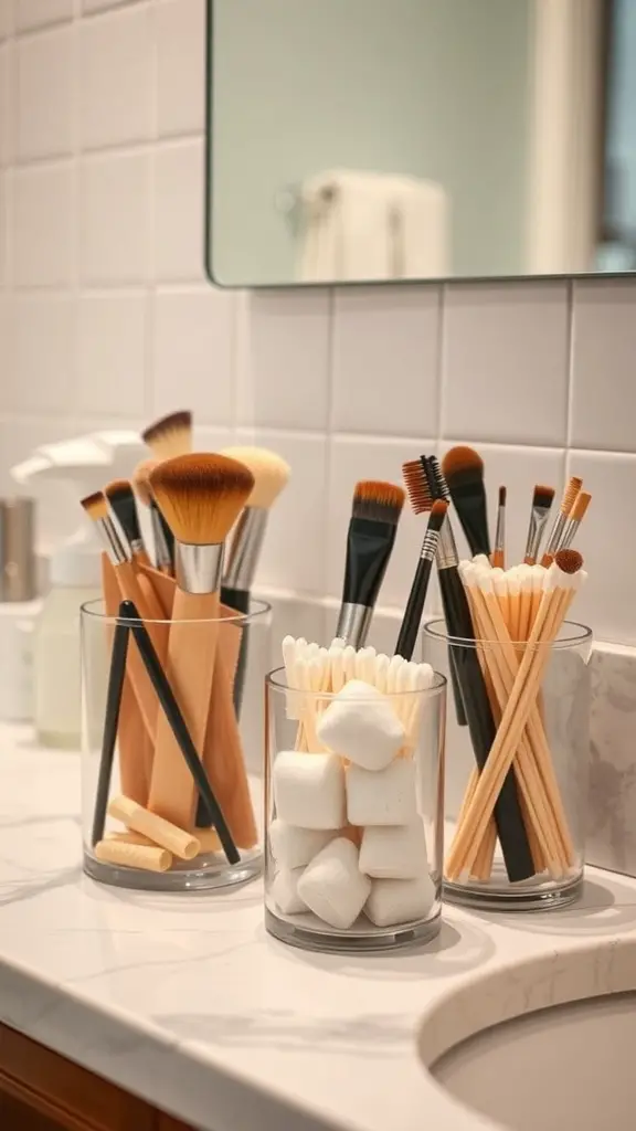 Clear containers filled with makeup brushes, cotton swabs, and other bathroom essentials on a countertop.
