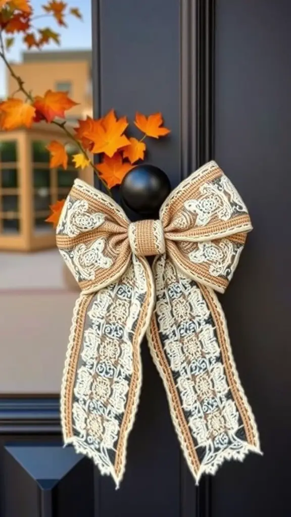 23+ Charming Fall Door Decorations to Welcome the Season 16 A burlap and lace bow decoration on a black door with autumn leaves